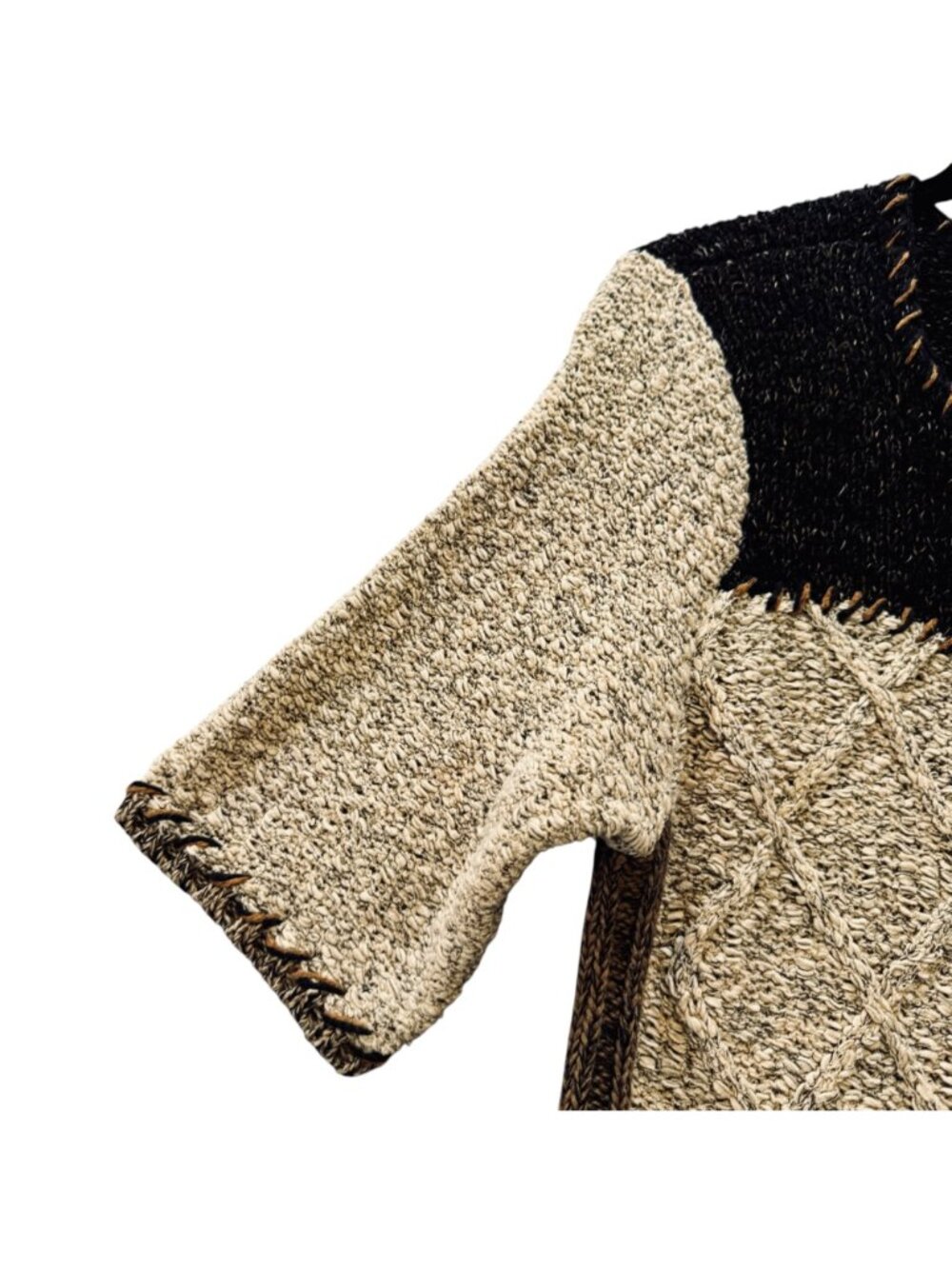 Coldwater Creek Short Sleeved Cardigan L Black Yoke Top Stitch Cozy Chunky Lodge - Picture 6 of 10